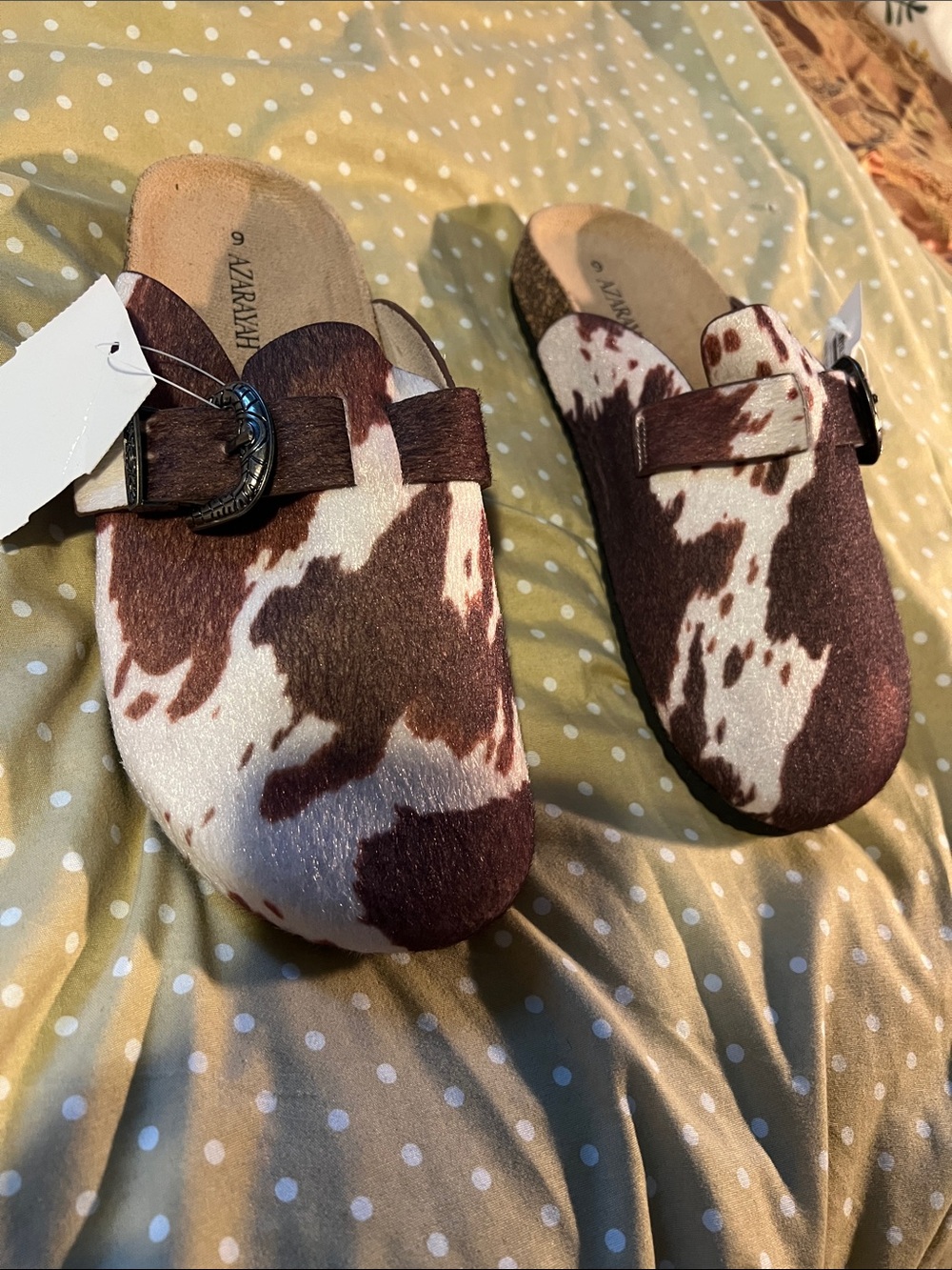 Cowhide-Print Slip-On Clogs in Brown and White